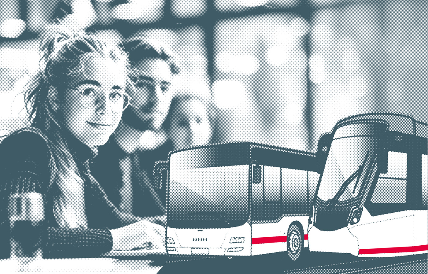 Grafische Collage mit unscharfer Person im Hintergrund sowie Bus und Stra&szlig;enbahn im Vordergrund