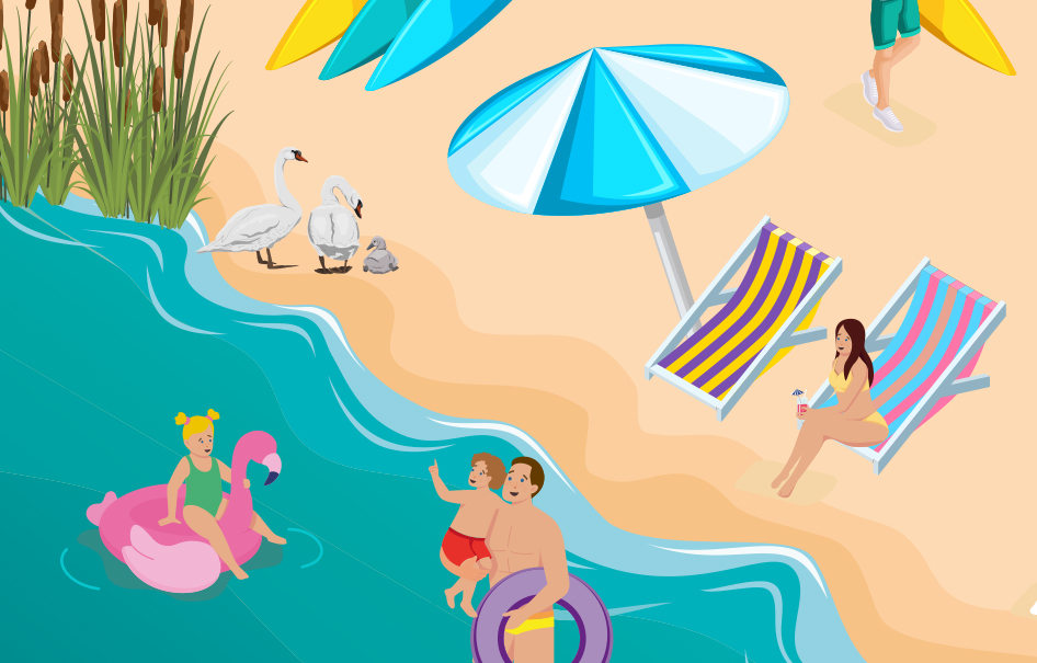 Grafik mit Strand, Liegestuhl und Badegästen.