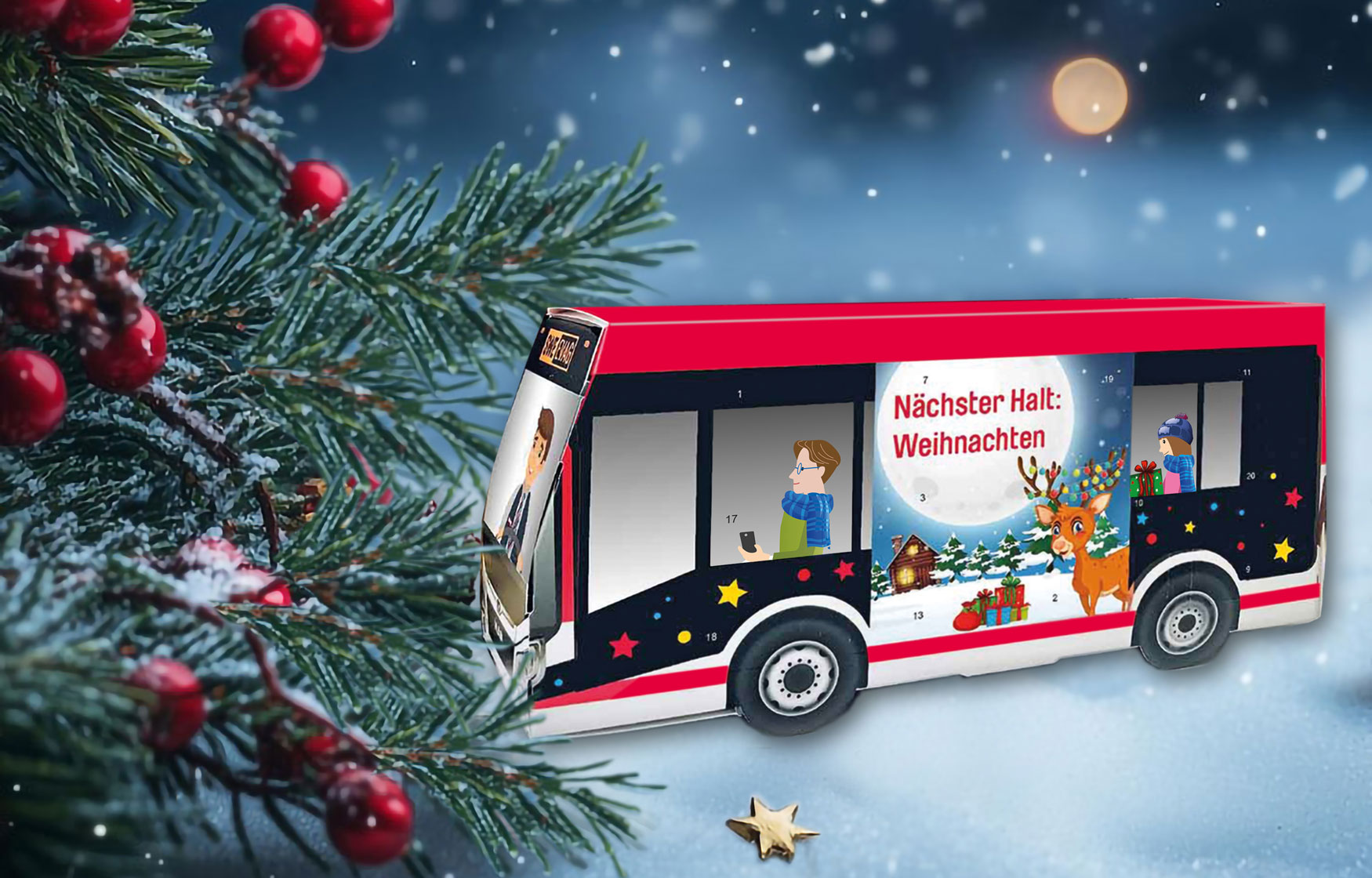 EVAG-Adventskalender in Form eines Busses mit weihnachtlicher Dekoration im Hintergrund.