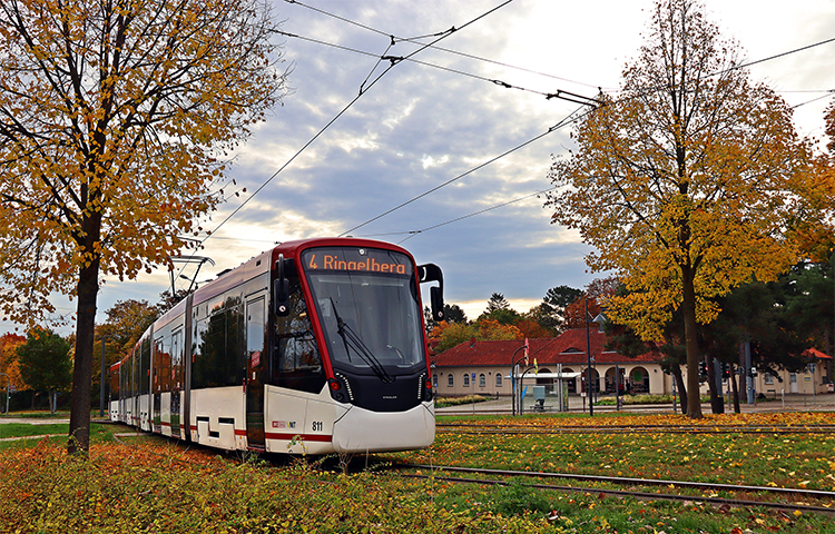 Straßenbahn an Haltestelle Hauptfriedhof