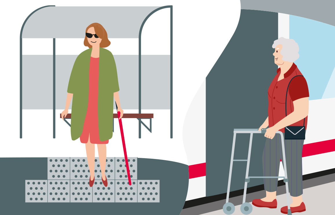 Grafik &Auml;ltere Damen mit Gehstock und Rollator.