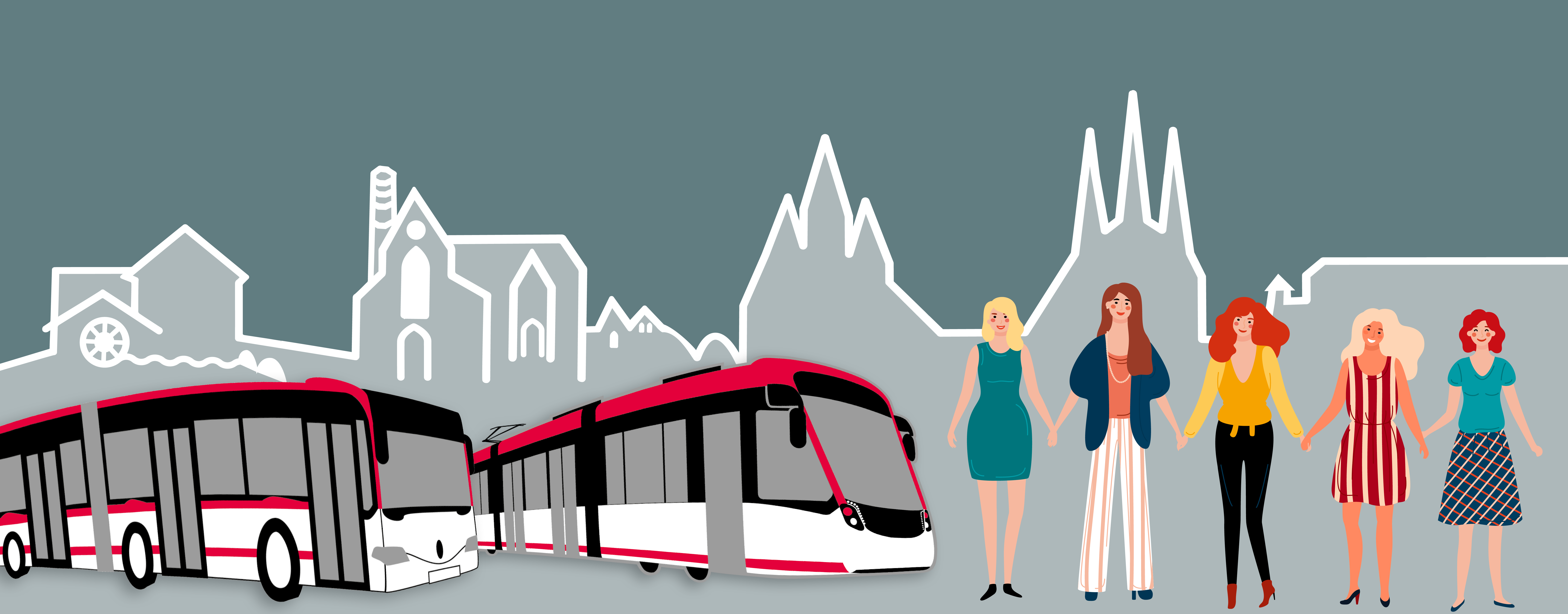 Illustration eines Linienbusses und einer Stra&szlig;enbahn vor einer stilisierten Stadtsilhouette. Rechts stehen f&uuml;nf Frauen nebeneinander.