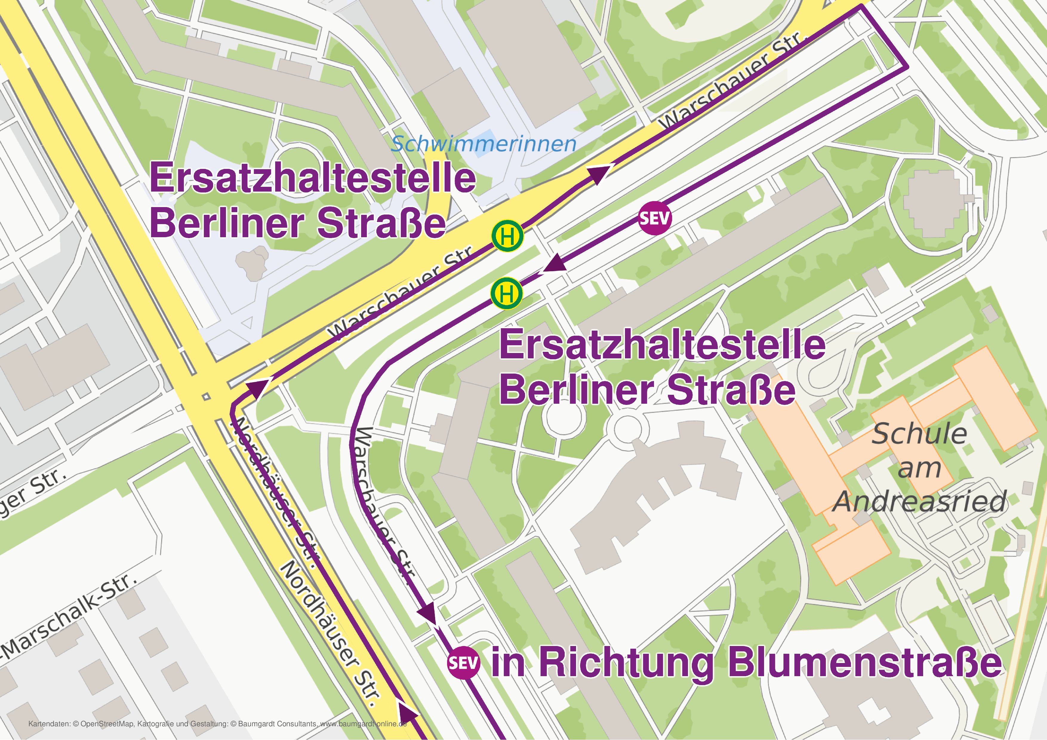 Ausschnitt Liniennetzplan mit Ersatzhalt Berliner Stra&szlig;e