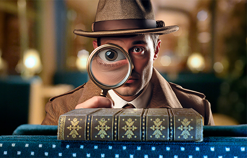 Ein Mann im Detektivstil mit Hut und Trenchcoat schaut durch eine Lupe, die eines seiner Augen vergr&ouml;&szlig;ert; vor ihm liegen mehrere verzierte B&uuml;cher, im Hintergrund ist eine Stra&szlig;enbahn zu sehen.