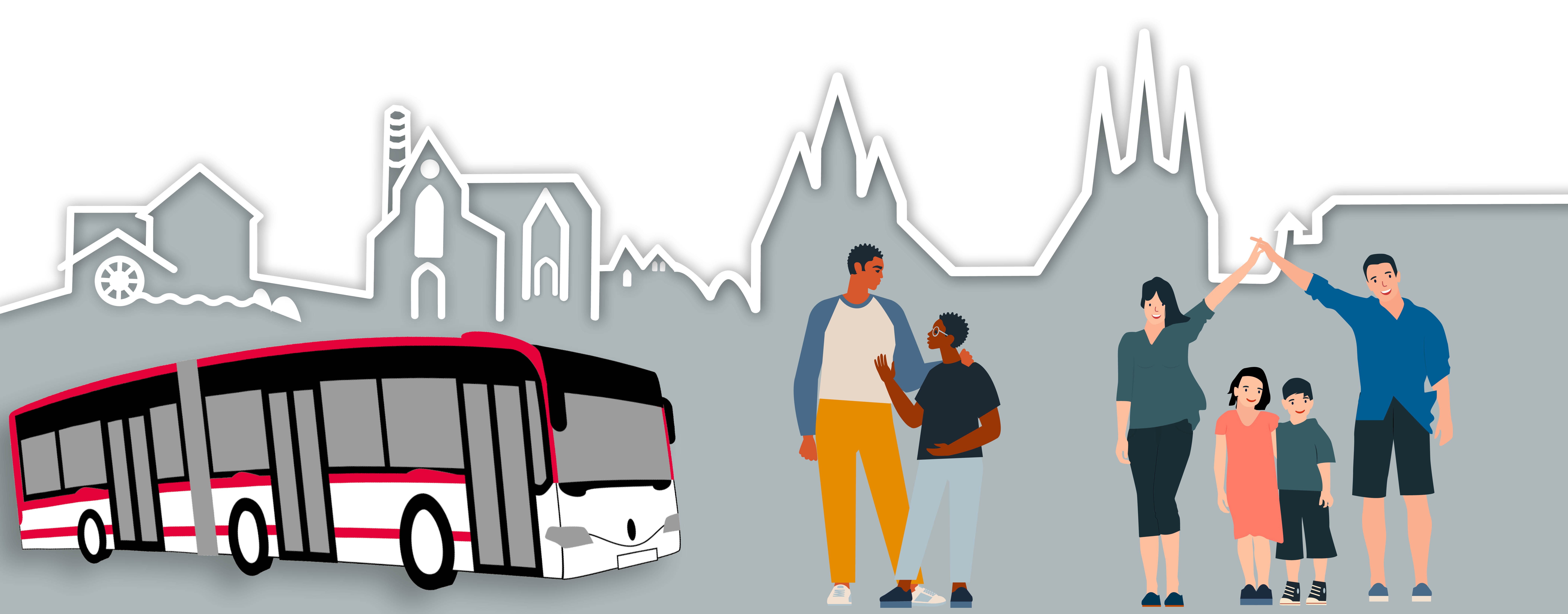 Illustration eines wei&szlig;en Linienbusses mit roten Akzenten vor einer grauen Stadtsilhouette. Rechts daneben stehen vier Erwachsene und zwei Kinder.