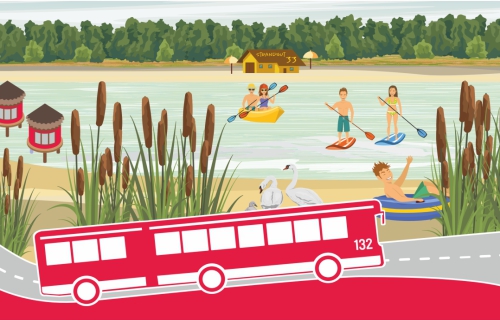 Grafik roter Bus vor See