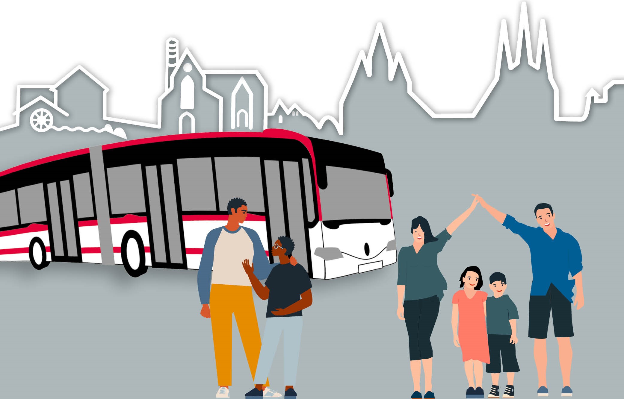 Illustration eines wei&szlig;en Linienbusses mit roten Akzenten vor einer grauen Stadtsilhouette. Rechts daneben stehen vier Erwachsene und zwei Kinder.