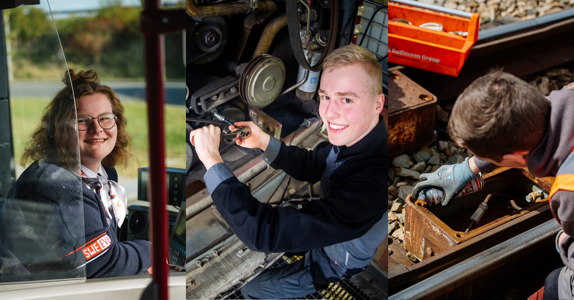 Fahrerin im Bus, Mechatroniker in der Werkstatt und Elektroniker an der Weiche.