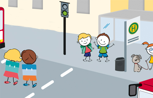 Zeichnung Kinder überqueren die Straße in Richtung Haltestelle.