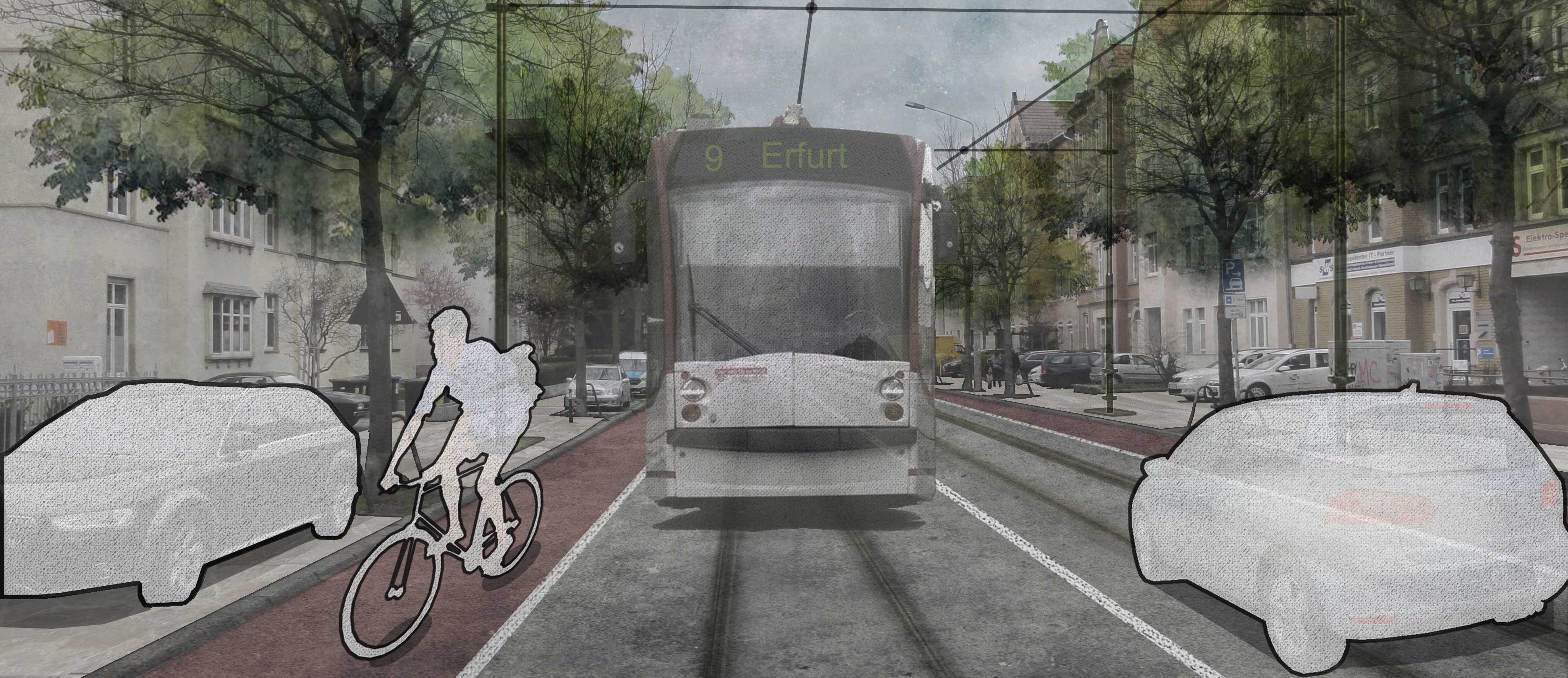 Visualisierung einer Stra&szlig;enbahn in der Th&auml;lmannstra&szlig;e mit Radweg, parkenden Autos und einem Radfahrer im Vordergrund.