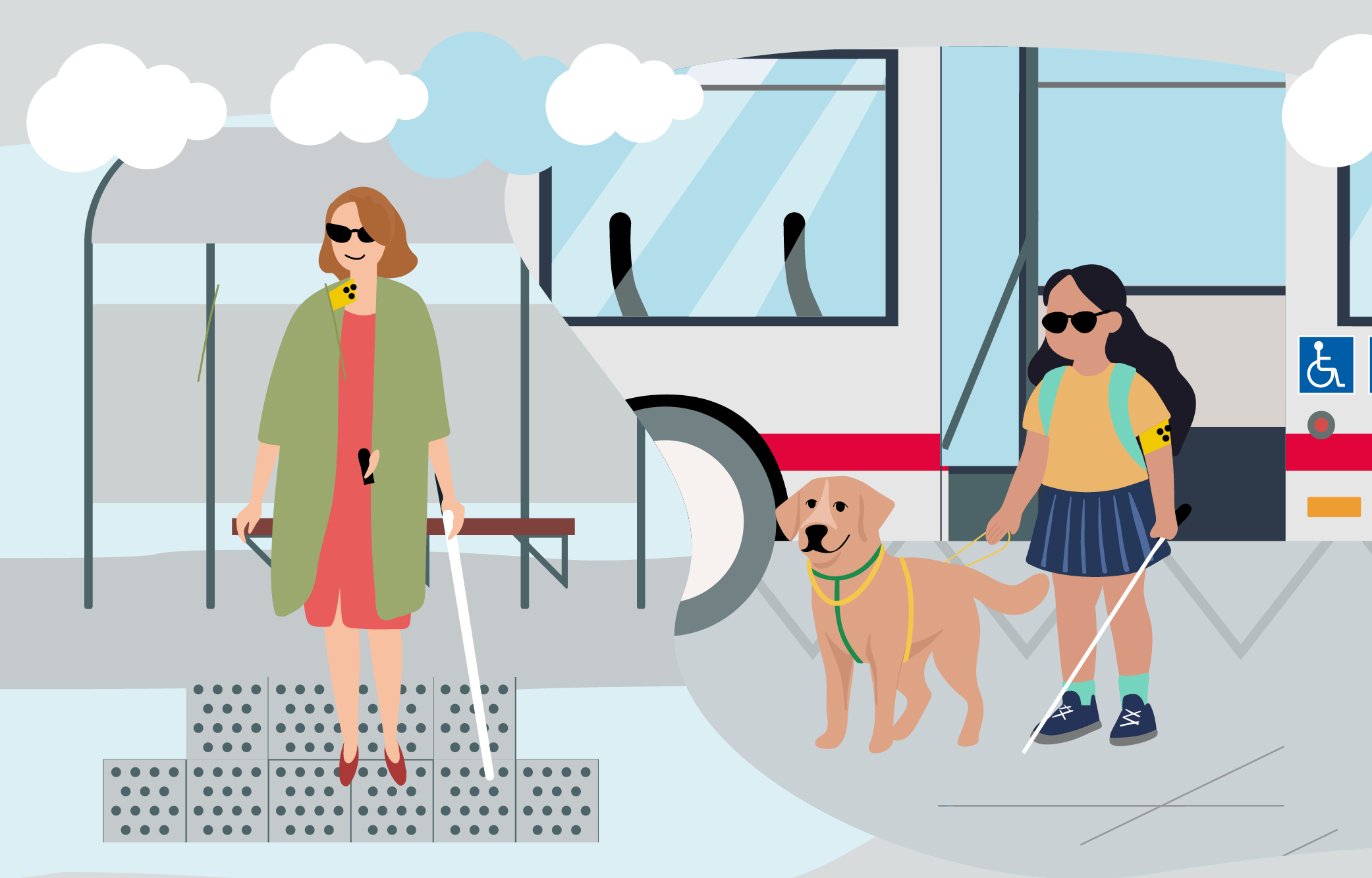 Grafik &Auml;ltere Dame mit Gehstock und schwarzer Sonnenbrille sowie Blindenbinde. Junges M&auml;dchen mit Blindenhund.