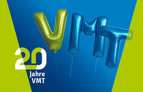 Grafik Luftballons bilden den Schriftzug VMT. Text 20 Jahre VMT.