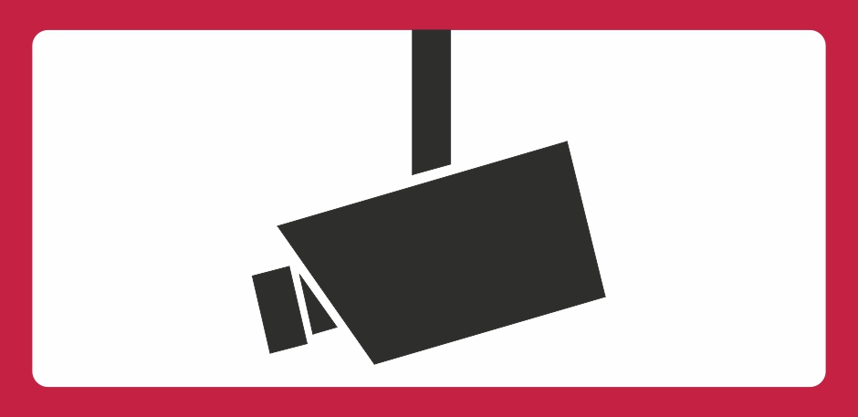 Piktogramm Video&uuml;berwachung. Roter Rahmen. Schwarze Kamera.