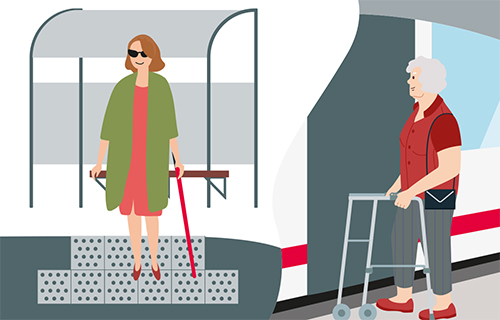 Grafik Ältere Damen mit Gehstock und Rollator.