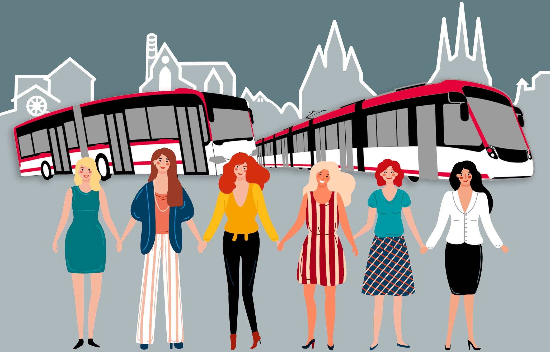 Illustration eines Linienbusses und einer Stra&szlig;enbahn vor einer stilisierten Stadtsilhouette. Rechts stehen f&uuml;nf Frauen nebeneinander.