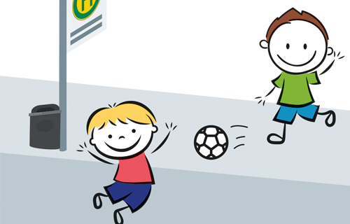 Zeichnung Kinder spielen an der Haltestelle Fußball.